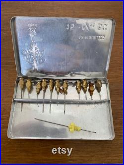 12 Aiguilles Anciennes Seringue Médicale Métal Boîte Alu Vintage C344