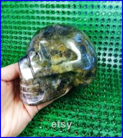 4,33 pouces 2,08 IB Crâne squelette sculpté de labradorite naturelle cristal de labradorite poli, crâne squelette de labradorite 945g E179