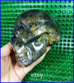 4,33 pouces 2,08 IB Crâne squelette sculpté de labradorite naturelle cristal de labradorite poli, crâne squelette de labradorite 945g E179