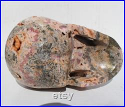 5.25 RHODOCHROSITE CRYSTAL SKULL 4 Géode en cristal botryoïdal rose Vugs Pierre de roche sculptée à la main avec boules oculaires en quartz rose