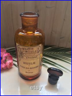 Antique XIX French Amber Glass Medicine Apothecary Bottle with Glass Stopper Gift