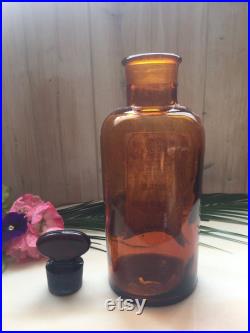 Antique XIX French Amber Glass Medicine Apothecary Bottle with Glass Stopper Gift