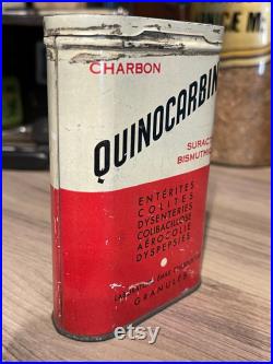 Boîte ancienne de Quinocarbine Granulés de charbon apothicaire en tôle Cabinet de curiosités, médicament vintage, médecine vintage retro