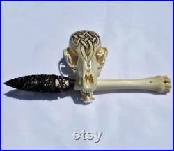 Bone Knife and Skull set Mahogany Obsidian Knife Painted Celtic knot Raccoon Skull Bone Athame Alter knife