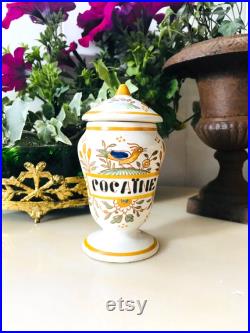 COCAÏNE Cabinet de curiosité Vintage Pot à Pharmacie en Faïence d'Art Géo Martel décor Moustiers fait main, herboriste Médicinal France