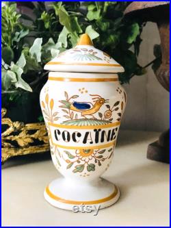 COCAÏNE Cabinet de curiosité Vintage Pot à Pharmacie en Faïence d'Art Géo Martel décor Moustiers fait main, herboriste Médicinal France