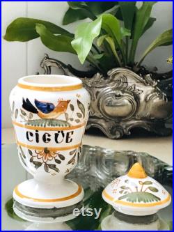 Cabinet de curiosité Vintage Pot à Pharmacie CIGÜE en Faïence décor Moustiers fait main, herboriste Médicinal France