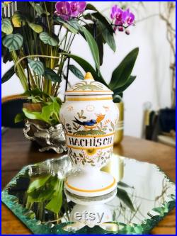 Cabinet de curiosité Vintage Pot à Pharmacie HACHISCH en Faïence décor Moustiers, signé, fait main, herboriste Médicinal France