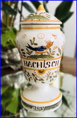 Cabinet de curiosité Vintage Pot à Pharmacie HACHISCH en Faïence décor Moustiers, signé, fait main, herboriste Médicinal France