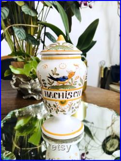 Cabinet de curiosité Vintage Pot à Pharmacie HACHISCH en Faïence décor Moustiers, signé, fait main, herboriste Médicinal France