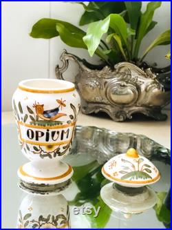 Cabinet de curiosité Vintage Pot à Pharmacie OPIUM en Faïence décor Moustiers fait main, herboriste Médicinal France
