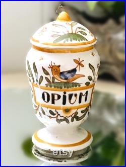 Cabinet de curiosité Vintage Pot à Pharmacie OPIUM en Faïence décor Moustiers fait main, herboriste Médicinal France