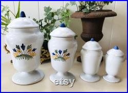 Cabinet de curiosité Vintage Set de 4 Pots à Pharmacie Aconit, Hachisch, Morphine, Ciguë en Faïence de Desvres Géo Martel decor Meillonnas
