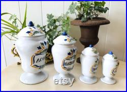 Cabinet de curiosité Vintage Set de 4 Pots à Pharmacie Aconit, Hachisch, Morphine, Ciguë en Faïence de Desvres Géo Martel decor Meillonnas