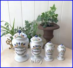 Cabinet de curiosité Vintage Set de 4 Pots à Pharmacie Aconit, Hachisch, Morphine, Ciguë en Faïence de Desvres Géo Martel decor Meillonnas