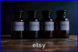 Collection de quatre bouteilles en verre APOTHICAIRE chimiste pots étiqueté Cabinet de curiosités