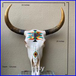 Crâne d animal peint à la main avec des cornes d or, mur d os naturel suspendu dans le modèle de Boho