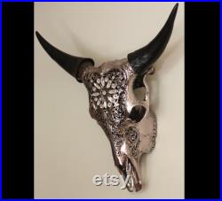Crâne de buffle de cristal, crâne de vache réel gravé, crâne de buffle argenté décoré de cristal, crâne décoré de vache, cristal de Swarovski