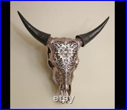 Crâne de buffle de cristal, crâne de vache réel gravé, crâne de buffle argenté décoré de cristal, crâne décoré de vache, cristal de Swarovski