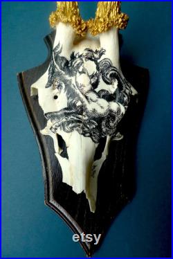 Crâne de chevreuil vintage peint à la main motif inspiré d'une gravure ancienne