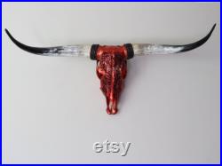Crâne de corne de poumon, crâne de vache réel gravé avec cornes, Optique métallique rouge de crâne de vache gravé, crâne de corne de poumon réel, tête de taureau