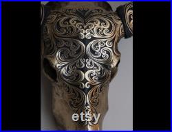 Crâne original de buffle, cornes décorées de crâne, motif oriental, cornes décorées de buffle, finition en bronze en laiton, décoration murale