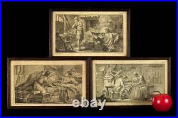 Étonnante série de 3 gravures anciennes thème taxidermie / Cabinet de curiosités