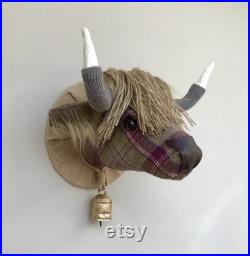 Highland tête de vache fausse taxidermie faite à la main baies vérifier tweed tissu mur monté trophée animal