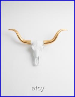 MINI White Cow Skull with Gold Longhorn -The MINI Savannah Small White Resin Skull Head White Faux Taxidermy- Faux Animal Head Wall Art