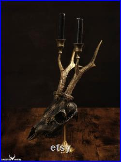Magnifique chandelier fait main moir et doré monté sur un véritable crâne de chevreuil pour décor gothic alternatif, customisation possible