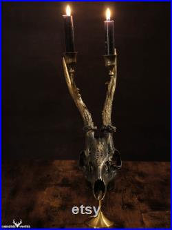 Magnifique chandelier fait main moir et doré monté sur un véritable crâne de chevreuil pour décor gothic alternatif, customisation possible