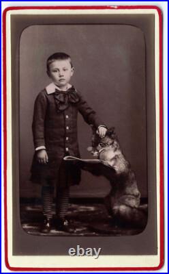 Photo cdv curiosité 1880 garçon et renard empaillé à lunette- taxidermie fox