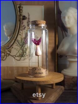 Queue de sirène en verre sur socle en liège dans un flacon en verre d'apothicaire pour cabinet de curiosité et médiéval fantastique