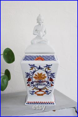 RARE Grand pot apothicaire OPIUM avec buddha en porcelaine fran aise décors de Paris 1960