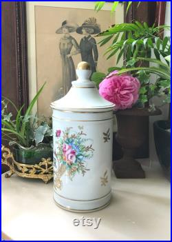 Rare Vintage Grand Pot à Pharmacie PAVER (Pavot) en Porcelaine de Limoges J. Dumont, Décor Floral et Insectes Collection Pharmacie France