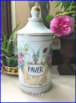 Rare Vintage Grand Pot à Pharmacie PAVER (Pavot) en Porcelaine de Limoges J. Dumont, Décor Floral et Insectes Collection Pharmacie France