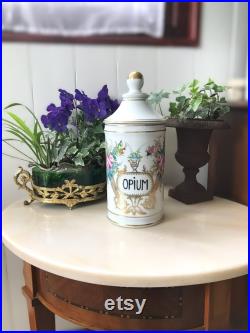 Rare Vintage Pot à Pharmacie OPIUM en Porcelaine de Limoges J. Dumont, Décor Floral et Insectes Collection Pharmacie, Apothicaire France