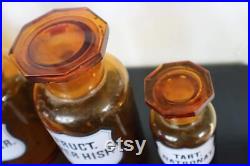 Serie de 7 pots ou flacons en verre marron de pharmacie ou apothicaire