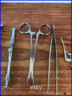 Stérilisateur médical en verre pyrex (B-P) des années 1950 complet avec plateau et outils vintage Medical
