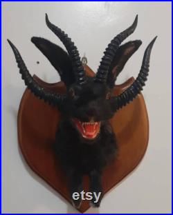 Taxidermie maléfique de jackalope noir à quatre cornes avec vraie mâchoire de renard bouche ouverte, lapin, support mural de lapin