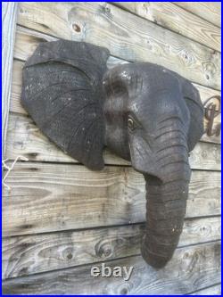 Tête Éléphant Bois Sculpté Ancien Safari Massacre Vintage Taxidermie Sculpture