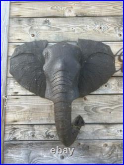 Tête Éléphant Bois Sculpté Ancien Safari Massacre Vintage Taxidermie Sculpture