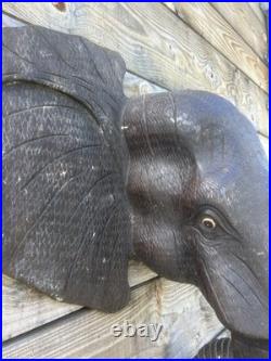 Tête Éléphant Bois Sculpté Ancien Safari Massacre Vintage Taxidermie Sculpture