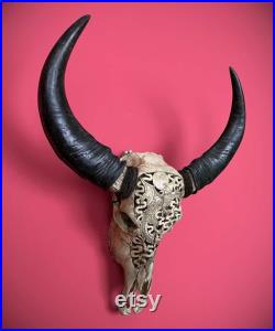 Véritable tête de buffle Crâne de taureau avec Dragon gravé Asia Skull Murale Décoration murale AsiaLifeStyle