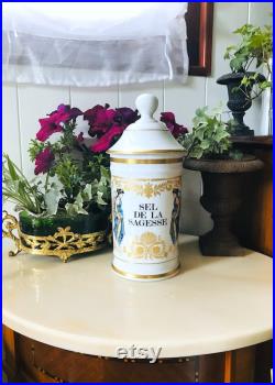Vintage Grand Pot à Pharmacie SEL De La SAGESSE en Porcelaine de Limoges Au Pot Galien, Collection Pharmacie, Médecine, Apothicaire France