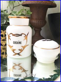 Vintage Pot à Pharmacie en Opaline COCAÏNE, Bocal à pharmacie opaline Blanche et Or Vintage Rétro 1950