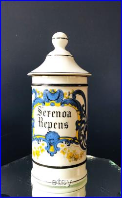 Vintage SERENOA REPENS Grand Pot à Pharmacie Porcelaine de Limoges Décor coquille volute végétale Polychrome, Collection Apothicaire France