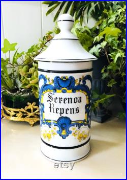 Vintage SERENOA REPENS Grand Pot à Pharmacie Porcelaine de Limoges Décor coquille volute végétale Polychrome, Collection Apothicaire France