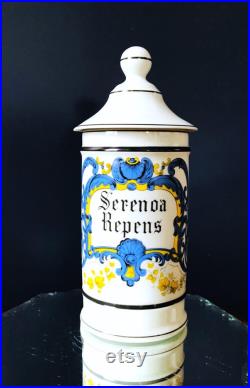 Vintage SERENOA REPENS Grand Pot à Pharmacie Porcelaine de Limoges Décor coquille volute végétale Polychrome, Collection Apothicaire France