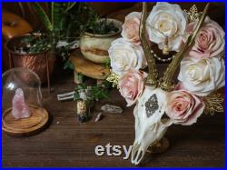 Vrai crâne de cerf avec couronne de fleurs roses et blanches, décor doré, pour une décoration murale ou sur socle en bronze gothique vintage